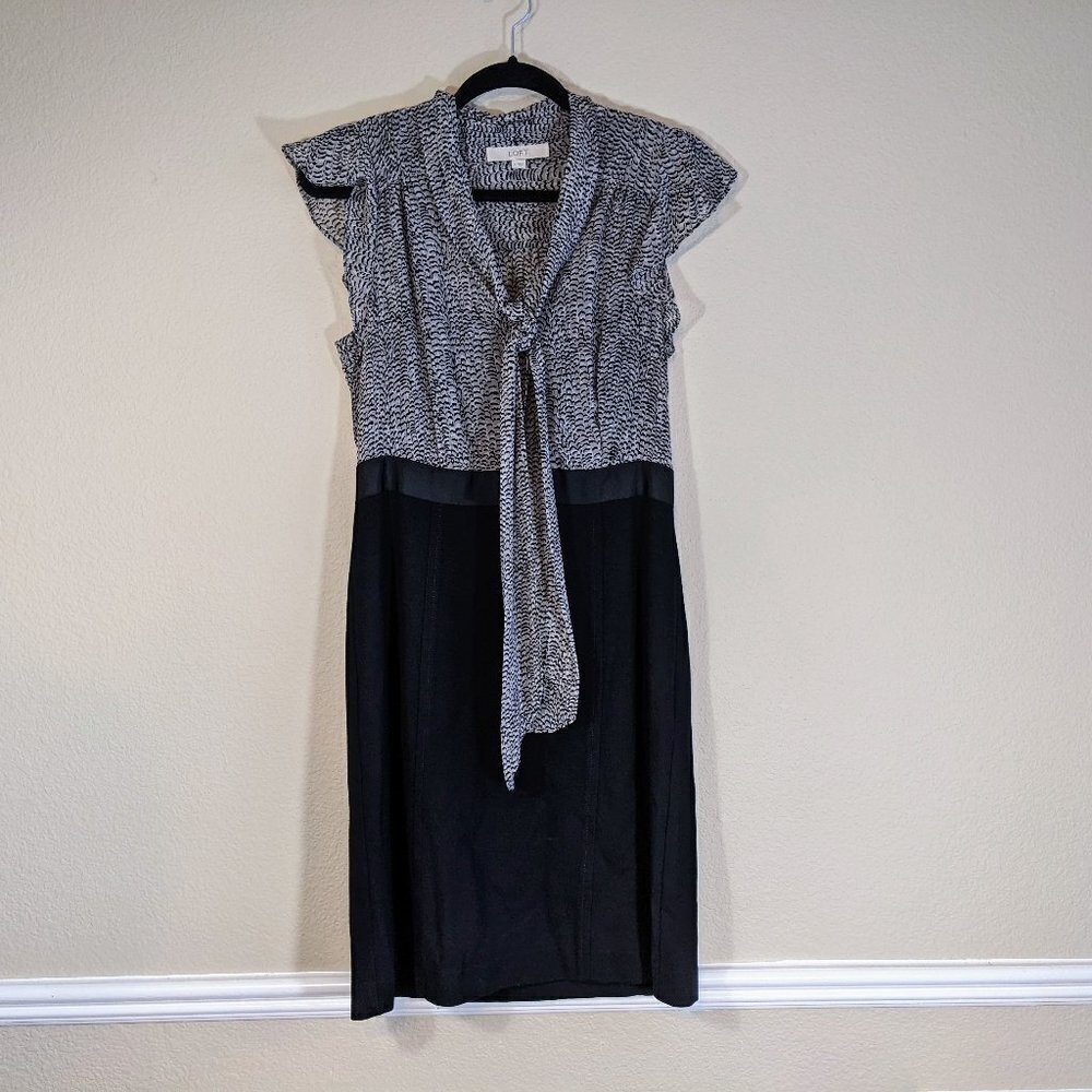 Black & Grey Pattern Top Solid Black Pencil Bottom with Bow Necktie Detail